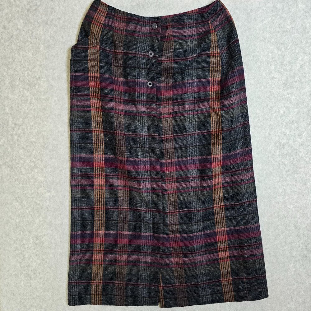Vintage T.A. Whitney Women 10 Wool Blend Plaid Pencil Skirt Midi Button‎ Front